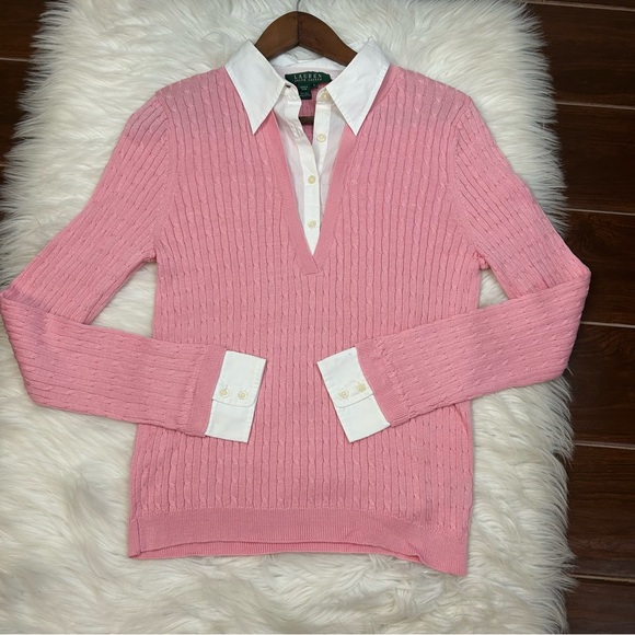 Lauren Ralph Lauren Silk Cable Knit Sweater Large Pink Soft Girl Tennis Preppy - Picture 4 of 8